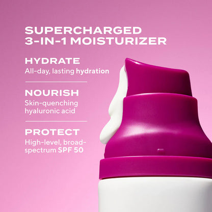 Murad Superactive Moisturizer SPF 50 Hydrating is a supercharged 3-in-1 moisturizer that provides all day lasting hydration, skin quenching hyaluronic acid, and high level  broad spectrum SPF 50
