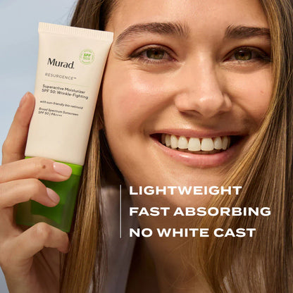 Murad Superactive Moisturizer SPF 50 Wrinkle-Fighting is a lightweight, fast absorbing, no white cast 3-in-1 moisturizer 