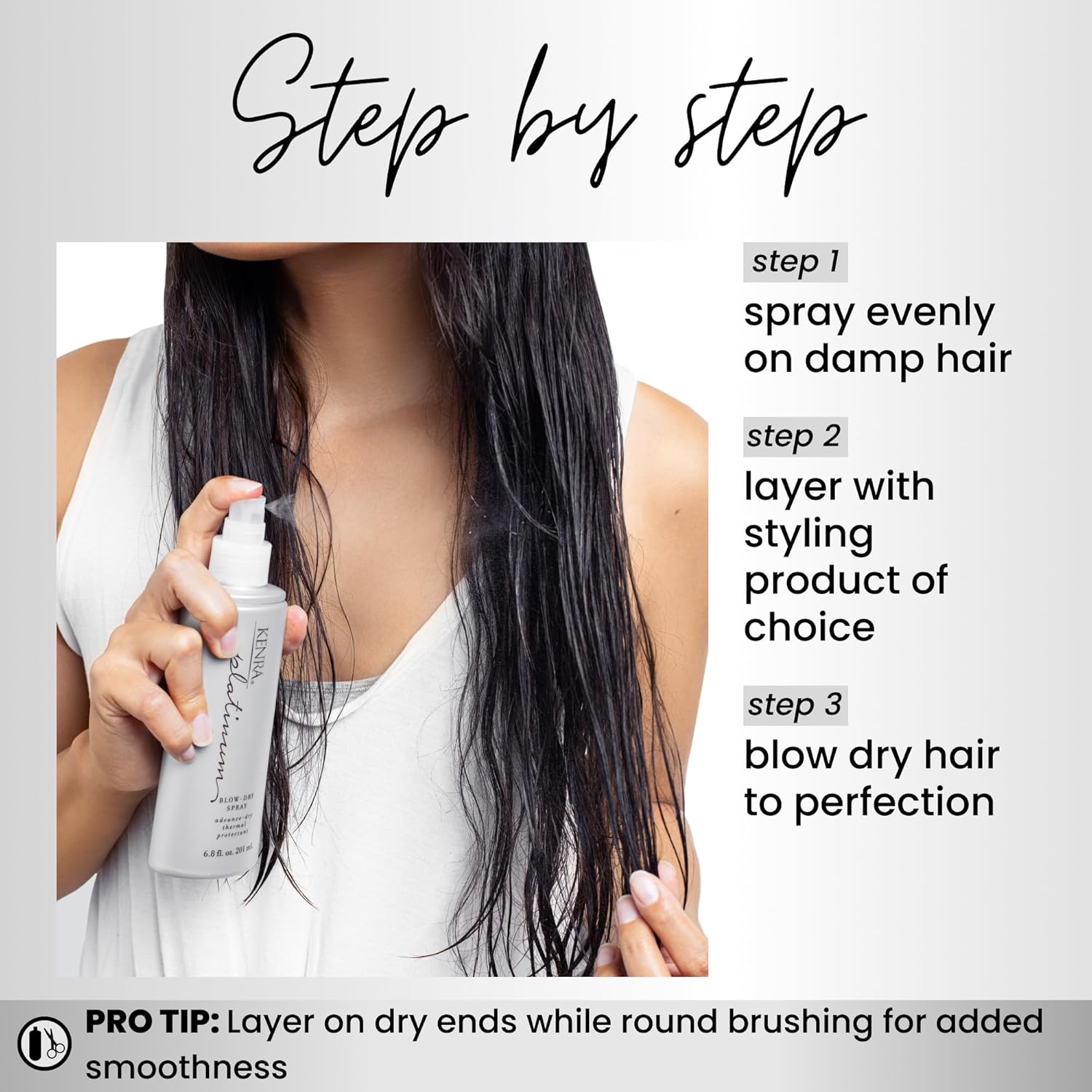 step by step on how to use Kenra Platinum Blow-Dry Spray