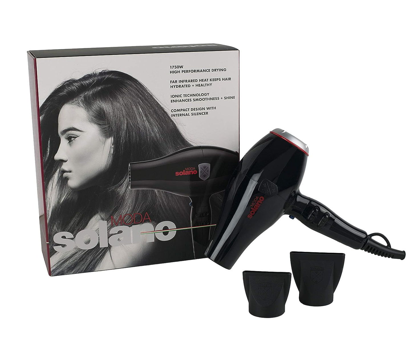 Solano Moda Dryer includes 2, varying sized, concentrator nozzles
