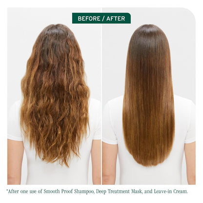 Before and after using Biolage Smooth Proof Leave-In Cream for Frizzy Hair
