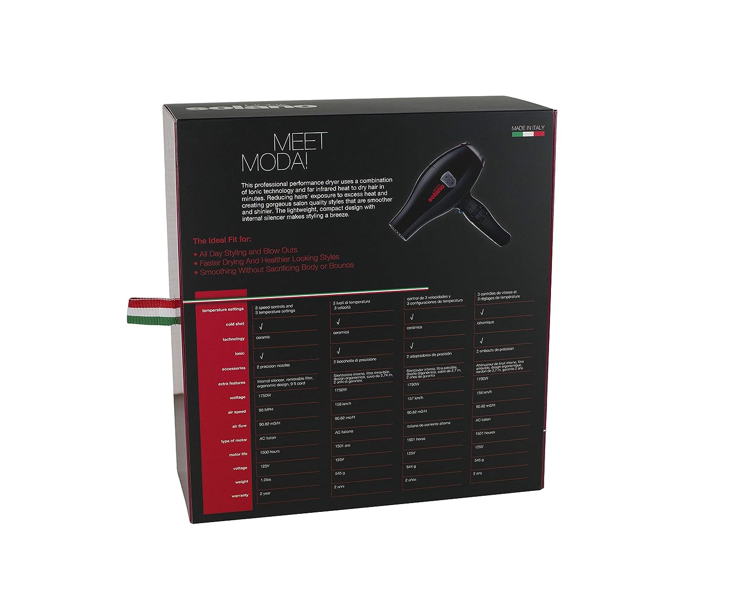 Solano Moda Dryer: Features described on the back of the box