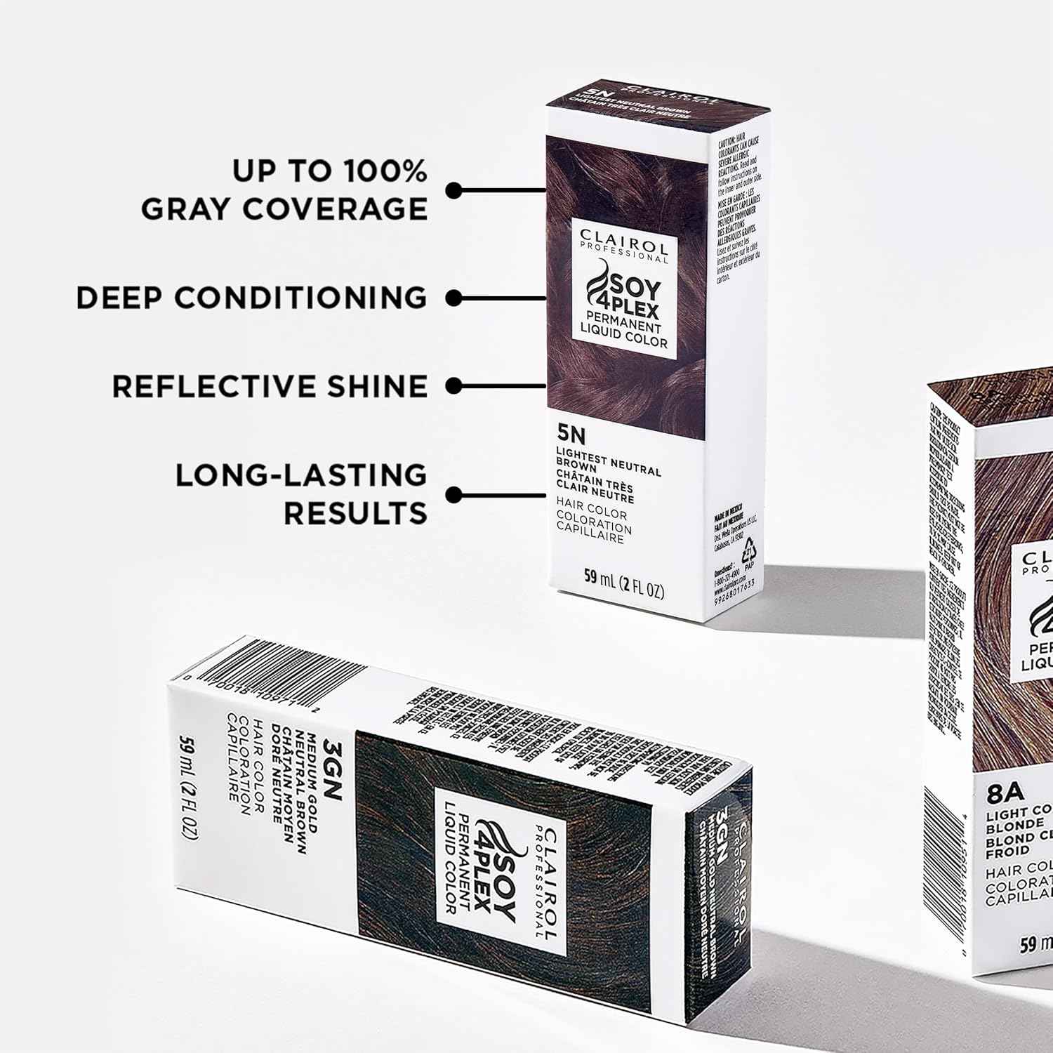 Clairol Soy 4 Plex. Up to 100% Gray Coverage, Deep Conditioning, Reflective Shine, Long lasting results. 