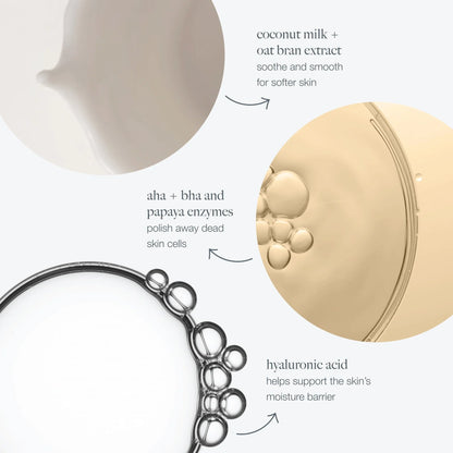 Dermalogica Daily Milkfoliant utilizes coconut milk + oat bran extract, aha + bha and papaya enzymes, and hyaluronic acid