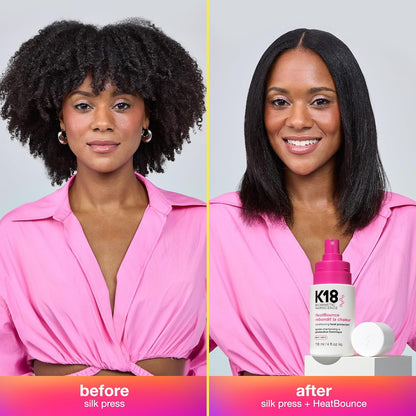 Before and after comparison of a woman's hair with K18 product on a gray background