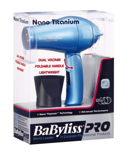 BaByliss Pro Nano Titanium Travel Hair Dryer with foldable handle