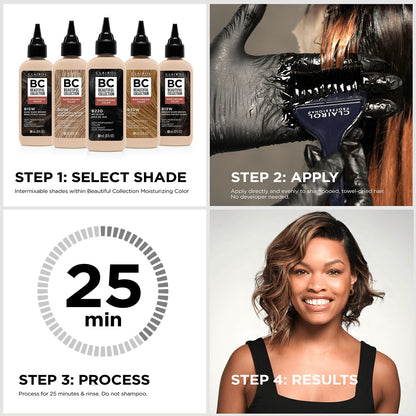 Clairol Beautiful Collection:
Step 1, select shade. Step 2, apply. Step 3, process. Step 4, see results!
