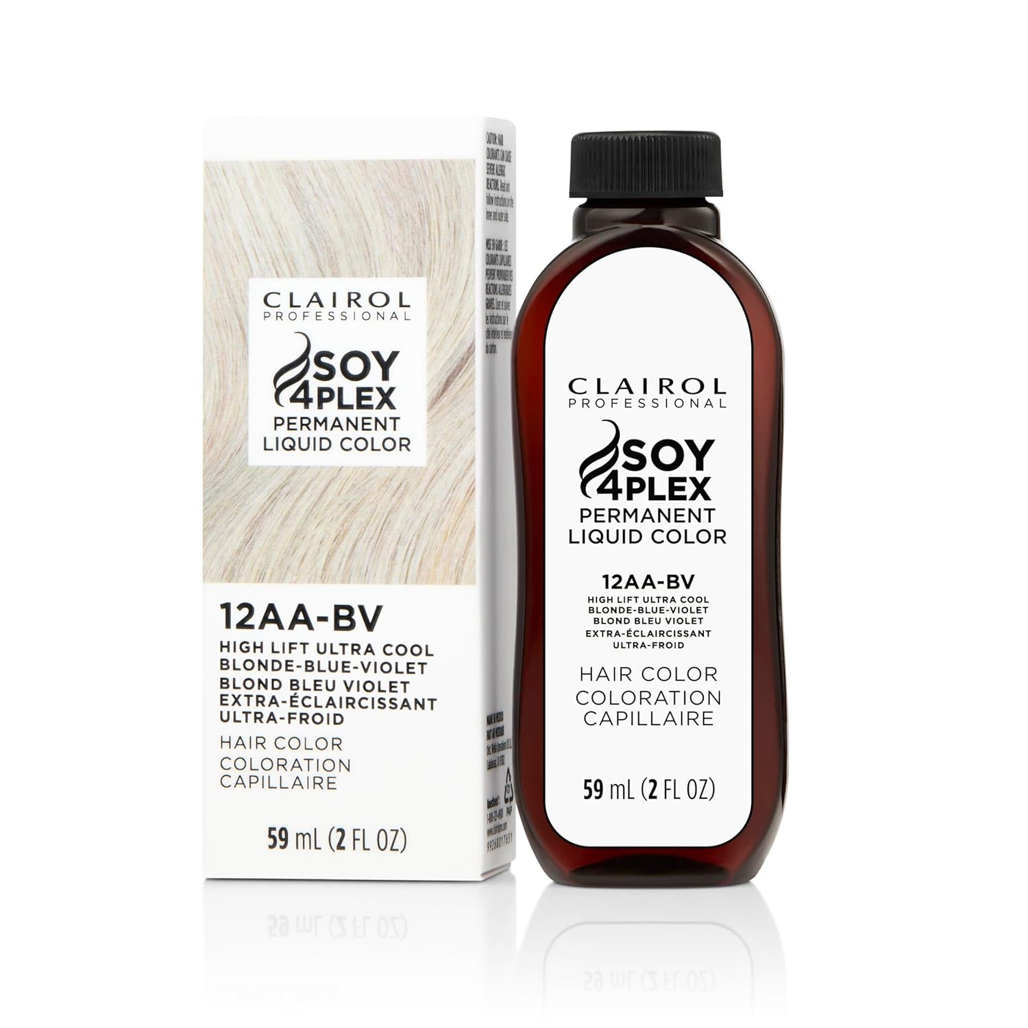 Clairol Soy4Plex hair color 12AA-BV High Lift Ultra Cool Blonde-Blue-Violet bottle and packaging on a white background