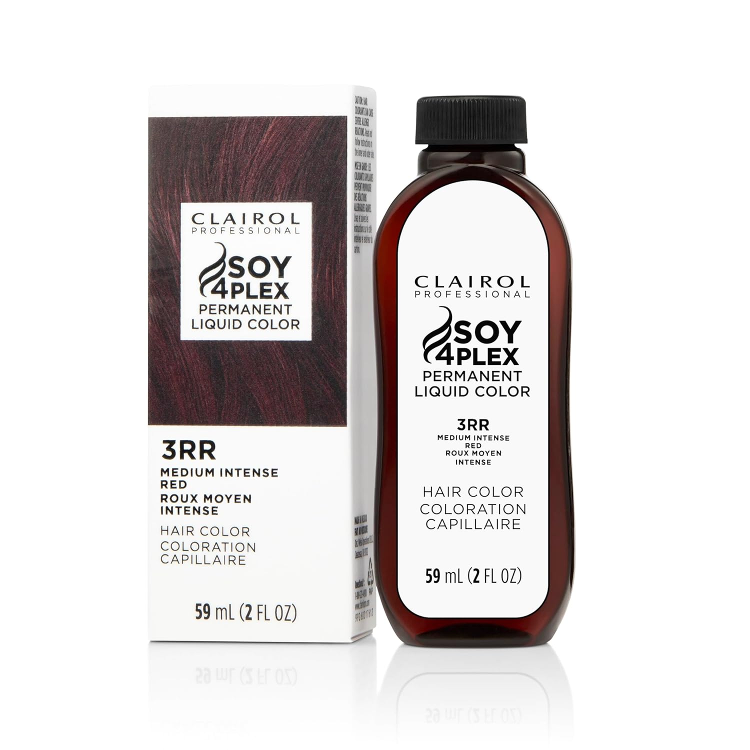 Clairol Soy 4Plex hair color 3RR Medium Intense Red bottle and packaging on a white background