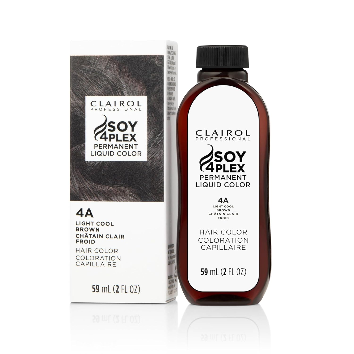 Clairol Soy 4 Plex hair color 4A Light Cool Brown bottle and packaging on a white background