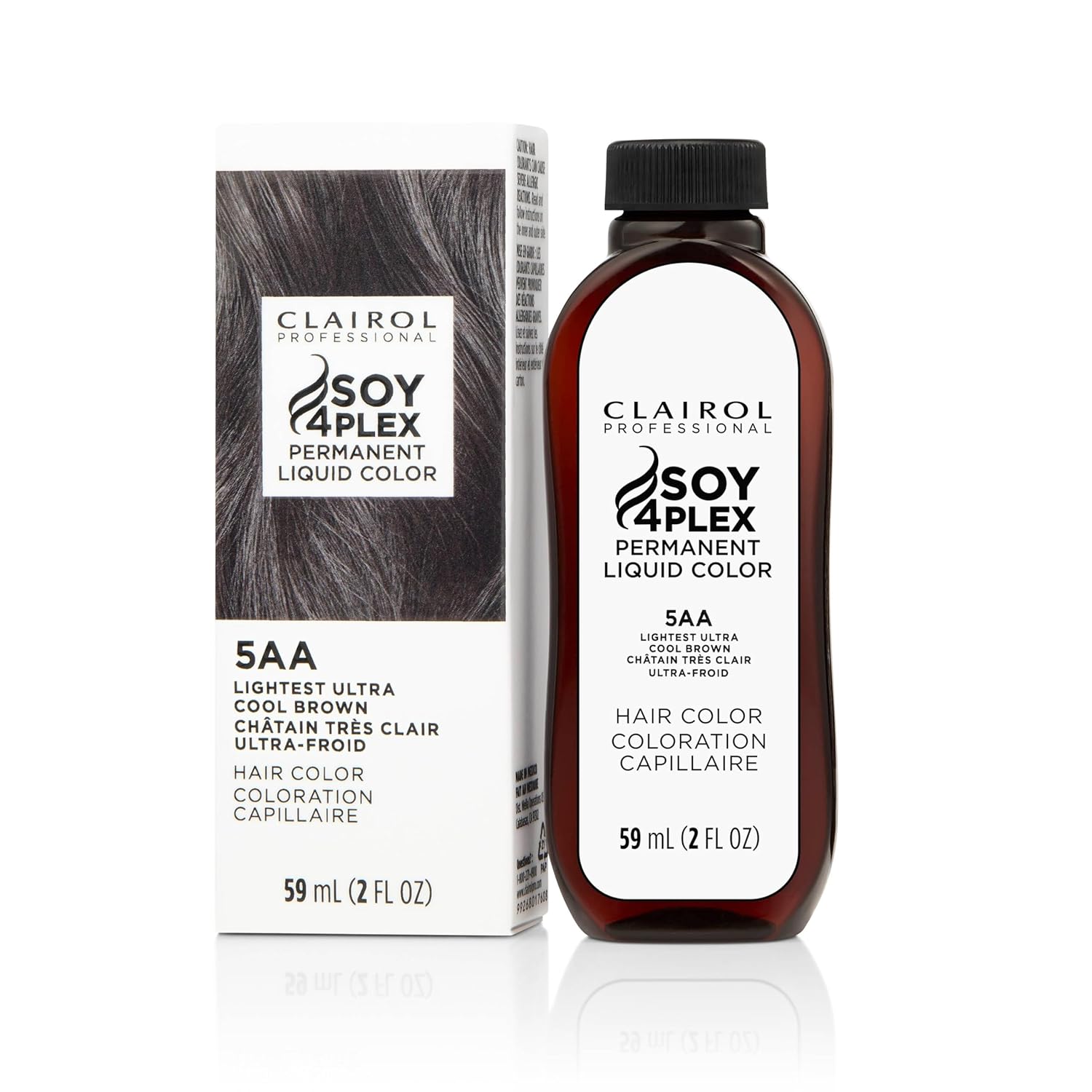 Clairol Soy 4Plex hair color 5AA Lightest Ultra Cool Brown bottle and packaging on a white background