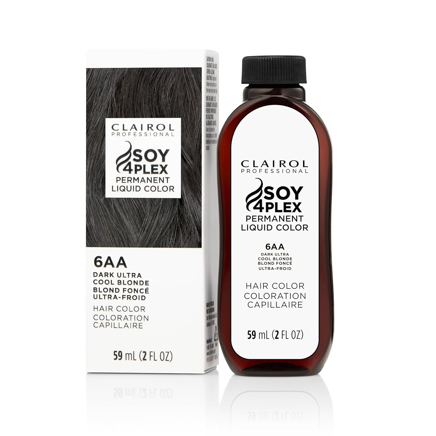 Clairol Soy 4Plex hair color 6AA Dark Ultra Cool Blonde bottle and packaging on a white background