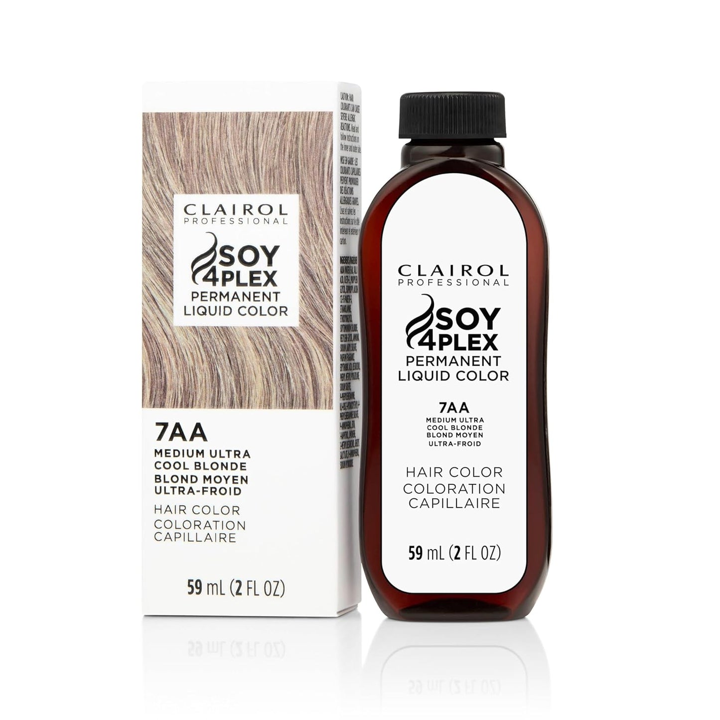 Clairol Soy 4Plex hair color 7AA Medium Ultra Cool Blonde bottle and packaging on a white background