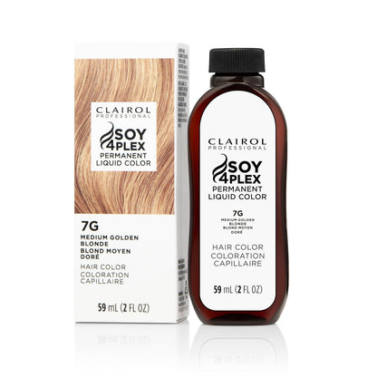 Clairol Soy 4Plex hair color 7G Medium Golden Blonde bottle and packaging on a white background