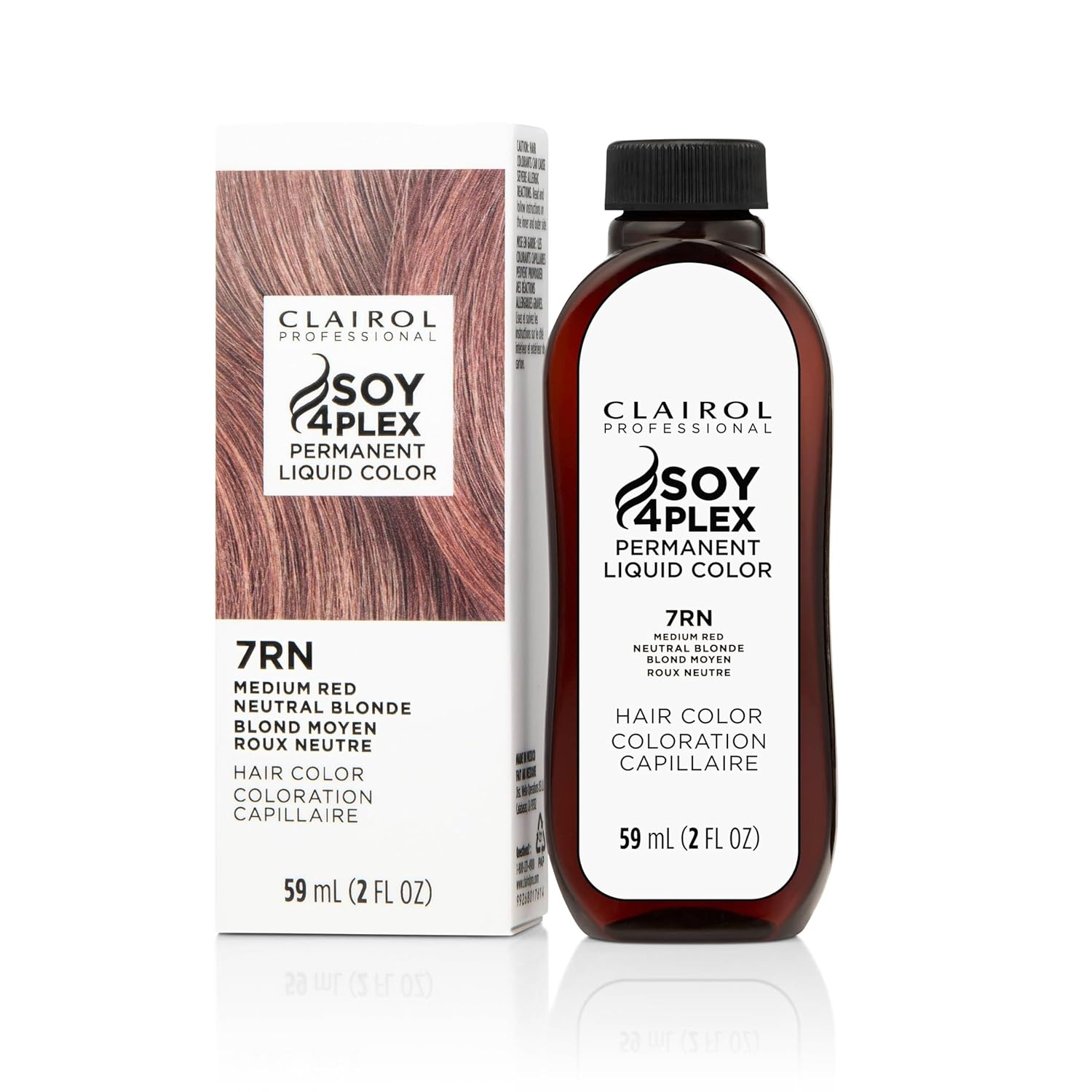 Clairol Soy 4Plex hair color 7RN Medium Red Neutral Blonde bottle and packaging on a white background
