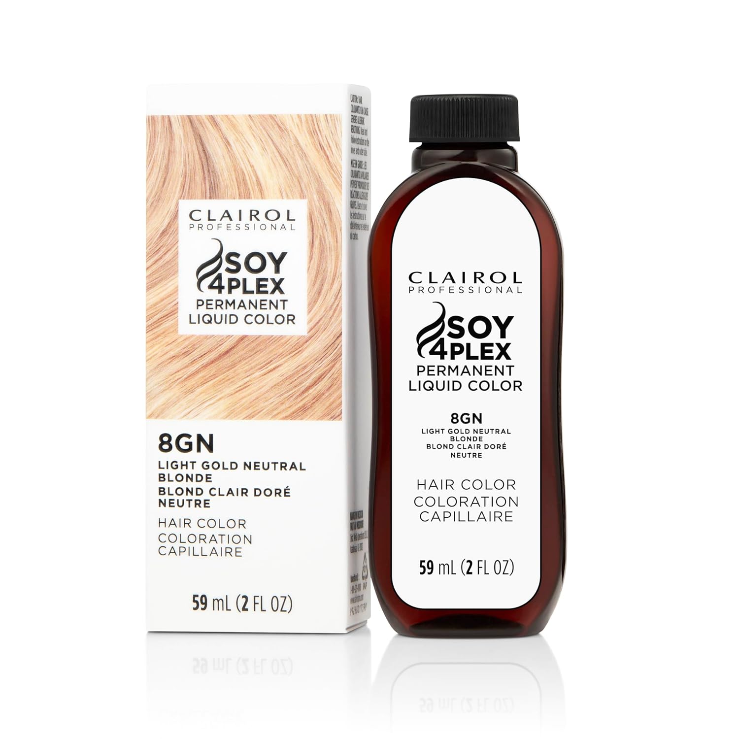 Clairol Soy 4Plex hair color 8GN Light Gold Neutral Blonde bottle and packaging on a white background