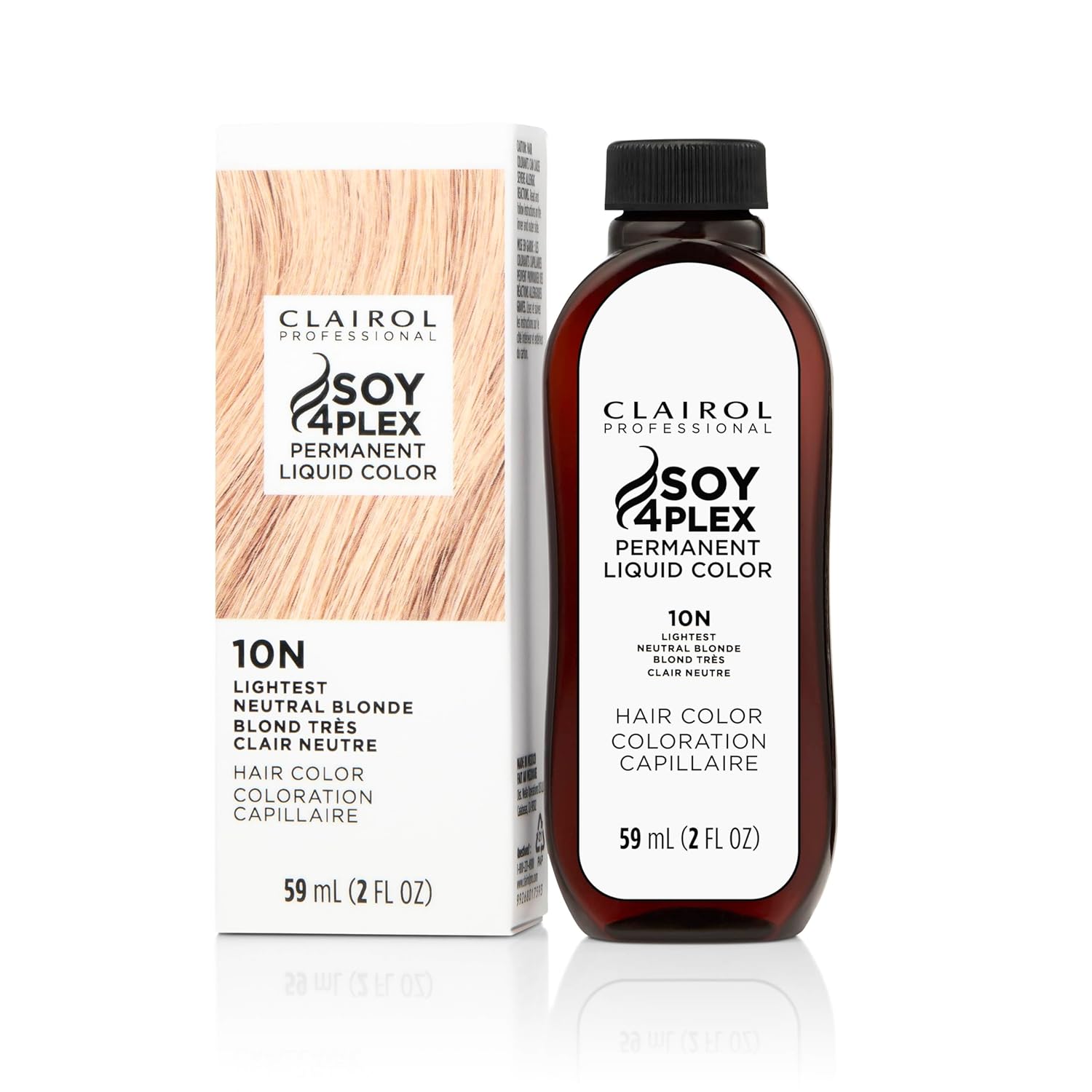 Clairol Soy 4Plex hair color 10N Lightest Neutral Blonde bottle and packaging on a white background