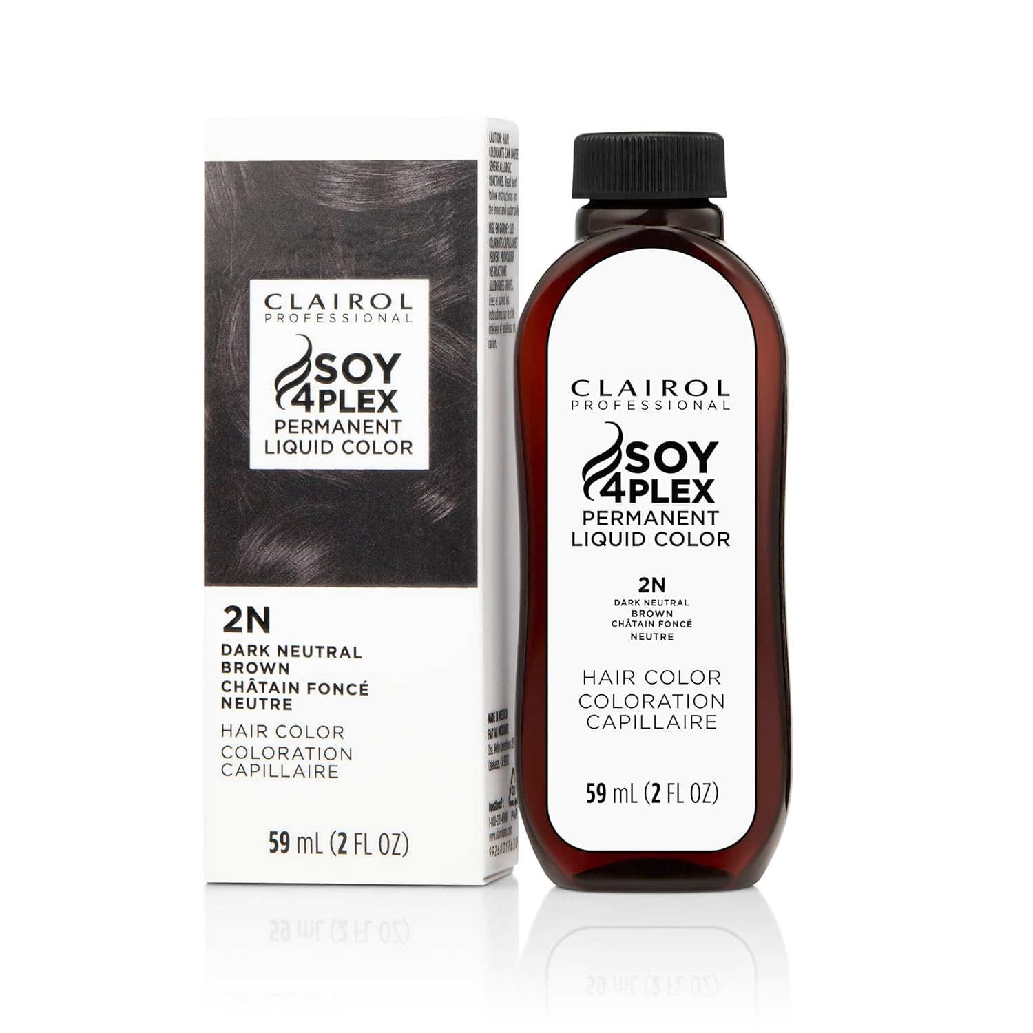 Clairol Soy 4 Plex hair color 2N Dark Neutral Brown bottle and packaging on a white background