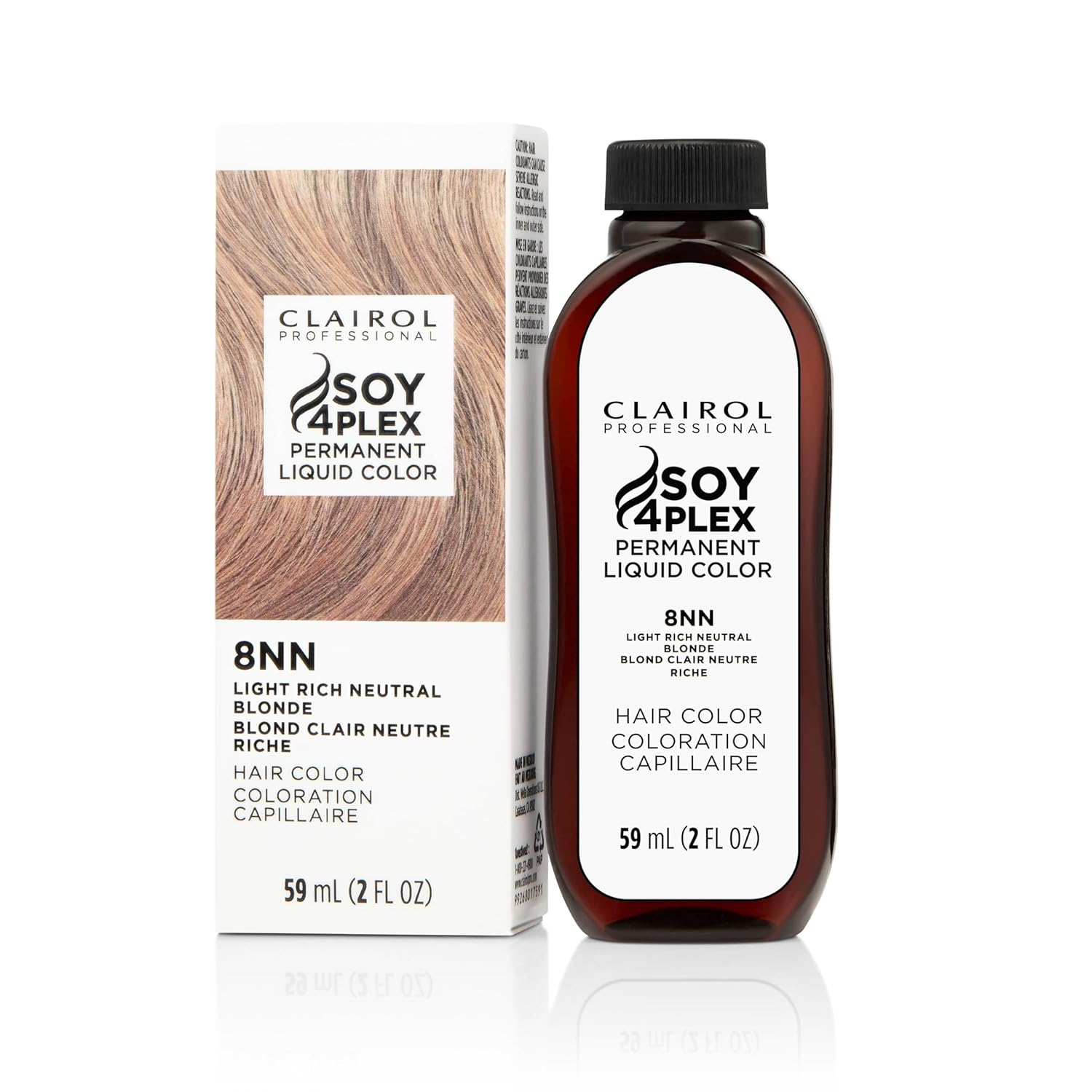 Clairol Soy4Plex hair color 8NN Light Rich Neutral Blonde bottle and packaging on a white background