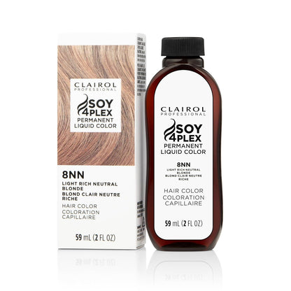 Clairol Soy4Plex hair color 8NN Light Rich Neutral Blonde bottle and packaging on a white background