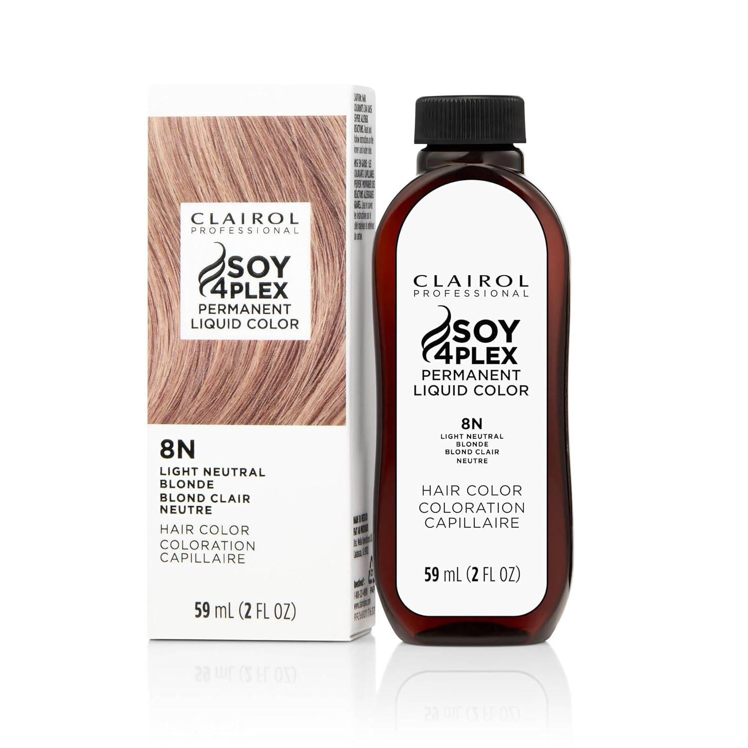 Clairol Soy 4Plex hair color 8N Light Neutral Blonde bottle and packaging on a white background