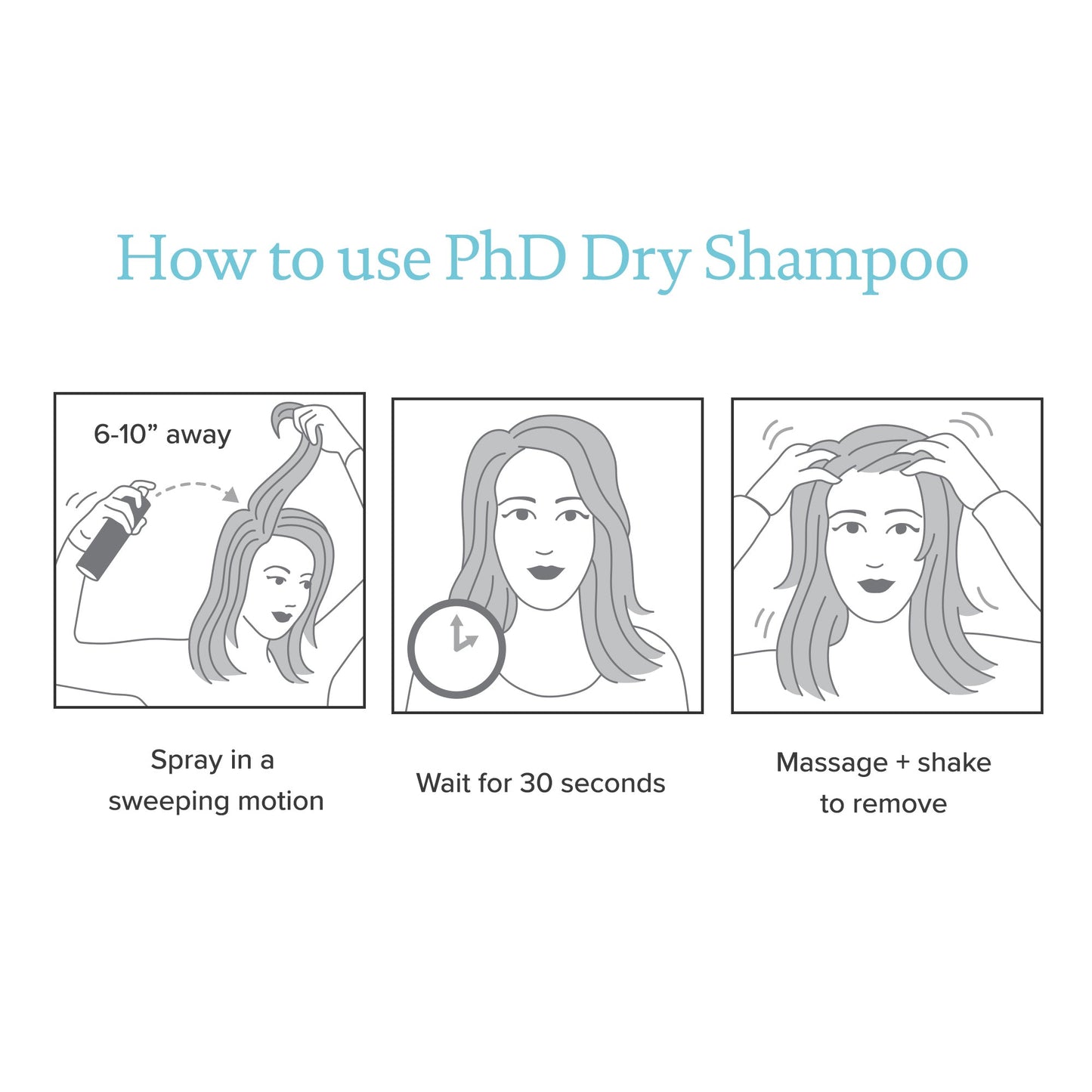 How to use Living Proof Perfect Hair Day dry shampoo - Spray in a sweeping motion 6-10" away from hair, wait 30 seconds, then massage and shake to remove any white residue