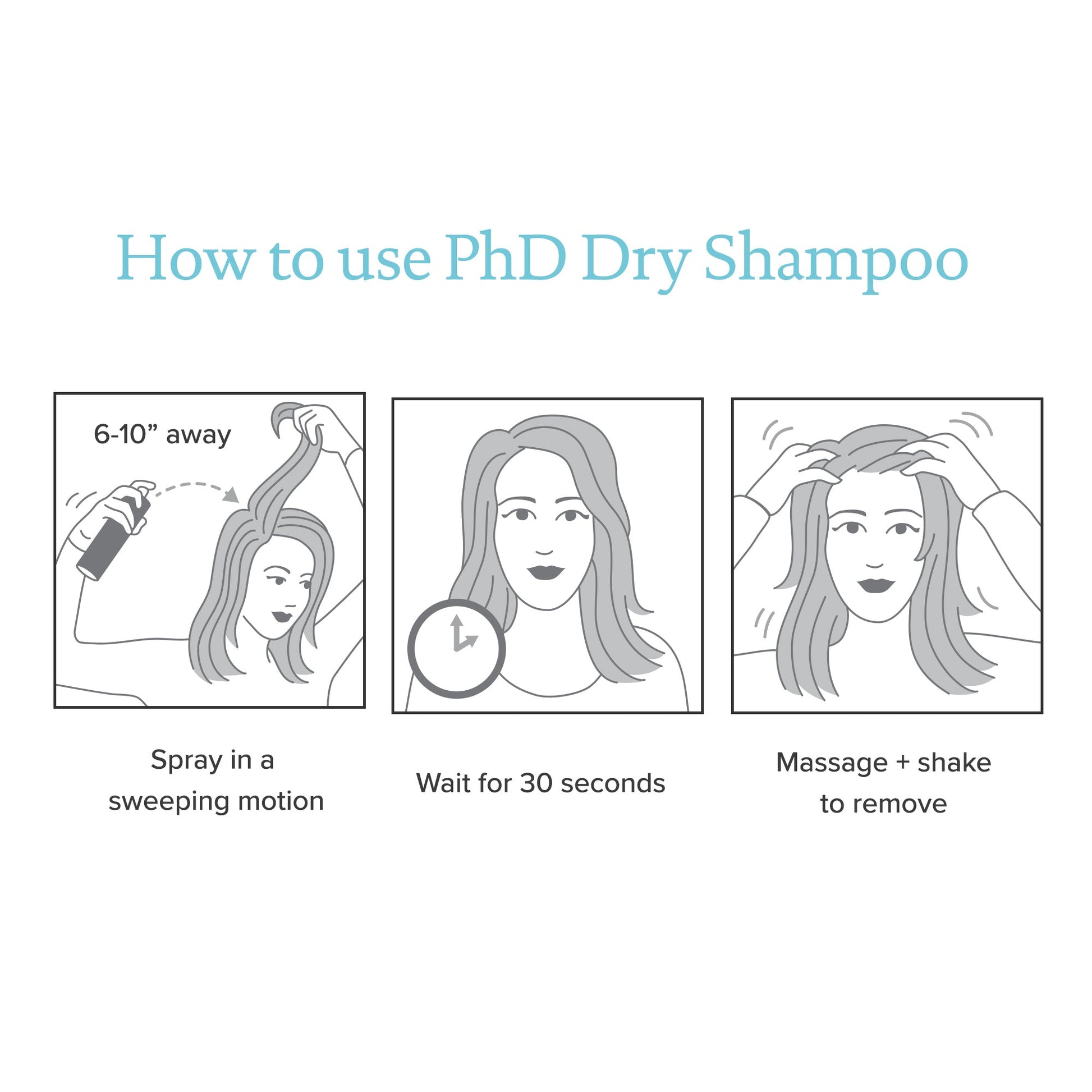 How to use Living Proof Perfect Hair Day dry shampoo - Spray in a sweeping motion 6-10" away from hair, wait 30 seconds, then massage and shake to remove any white residue
