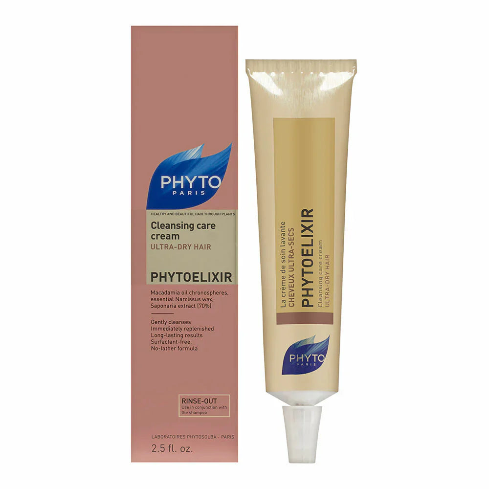 Phyto Elixir Ultra Dry Hair cleanser packaging. Gold tube comes in rose gold box 