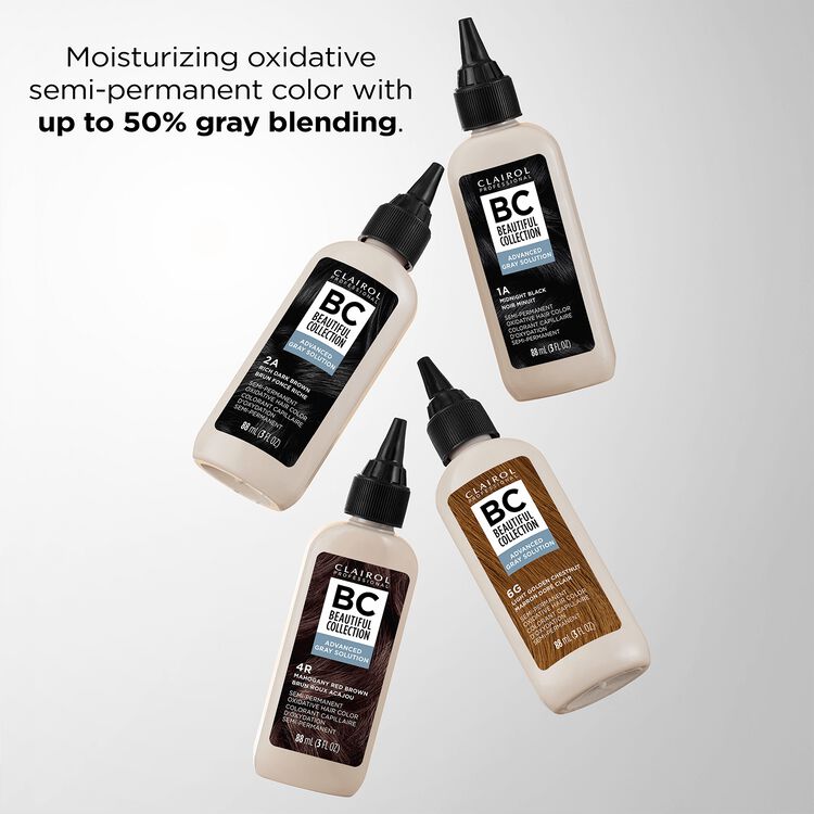 Clairol Beautiful Collection Advanced Gray Solution is a moisturizing oxidative semi permanent color with up to 50% gray blending