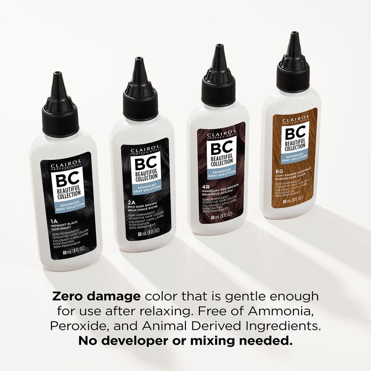 Clairol Beautiful Collection Advanced Gray Solution, zero damage color that is gentle enough for use after relaxing. Free of ammonia, peroxide, and animal derived ingredients. No developer or mixing needed.