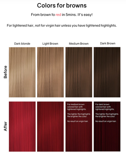 Celeb Luxury Viral Colorwash Vivid Red Before and After on Brown Colored hair