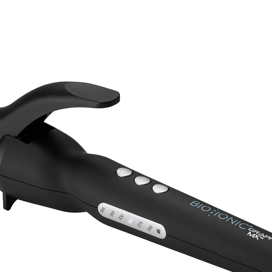 Buttons and heat temperature of Bio Ionic Graphene MX Long Barrel Curling Iron 1.25”