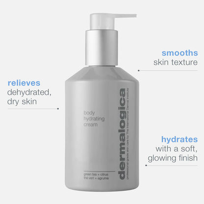 Dermalogica Body Hydrating Cream relieves dehydrated, dry skin, smooths skin texture, and hydrates with a soft glowing finish