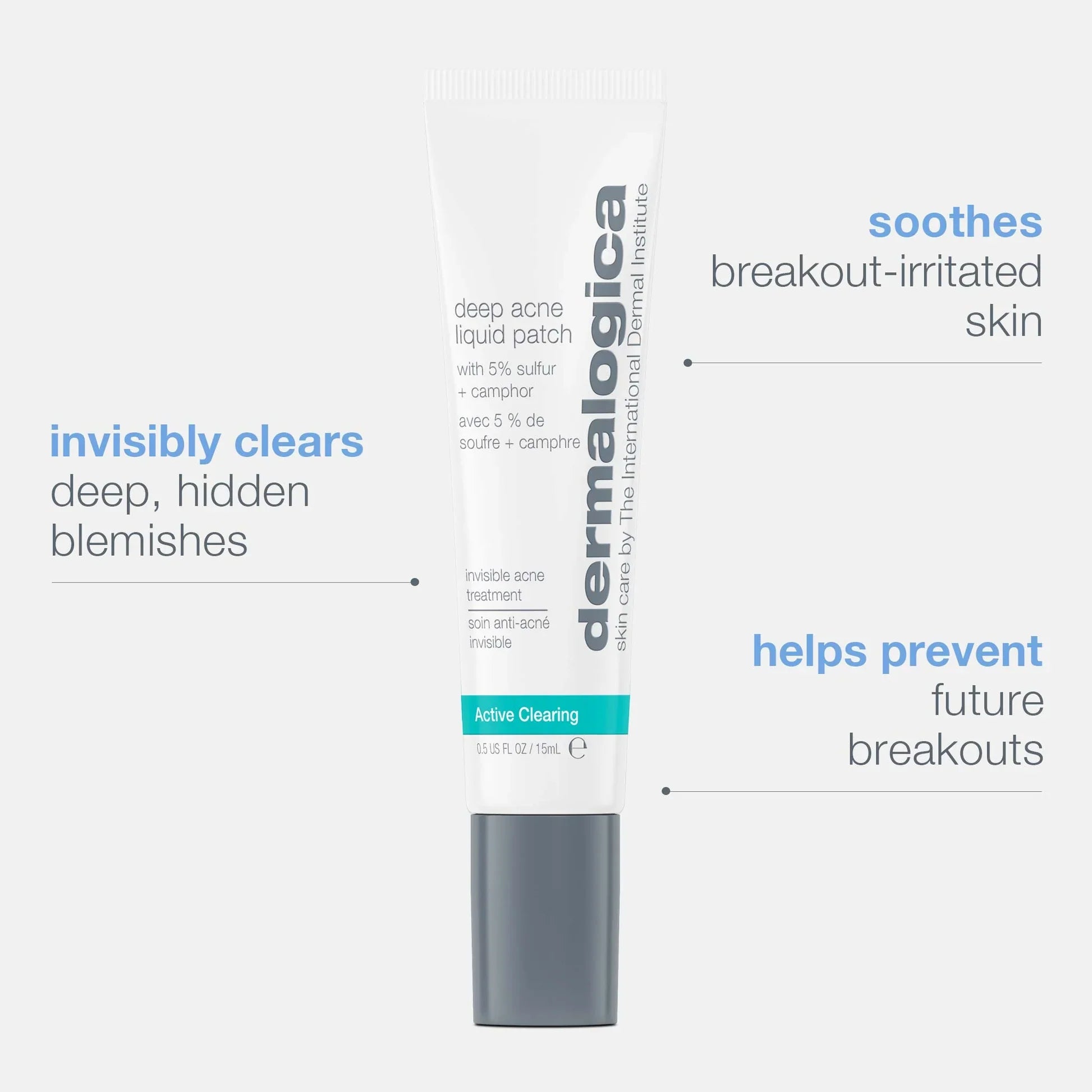 Dermalogica Deep Acne Invisible Liquid Patch clears deep, hidden blemishes, soothes breakout-irritated skin, and helps prevent future breakouts