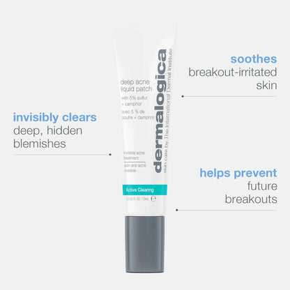 Dermalogica Deep Acne Invisible Liquid Patch clears deep, hidden blemishes, soothes breakout-irritated skin, and helps prevent future breakouts