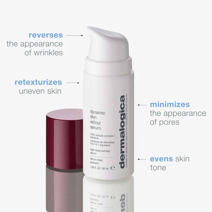Dermalogica Dynamic Skin Retinol Serum reverses the appearance of wrinkles, retexturizes uneven skin, minimizes the appearance of pores, and evens skin tone