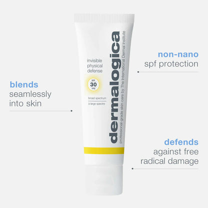 Dermalogica Invisible Physical Defense SPF30 blends seamlessly into skin, non-nano spf protection, and defends against free radical damage.