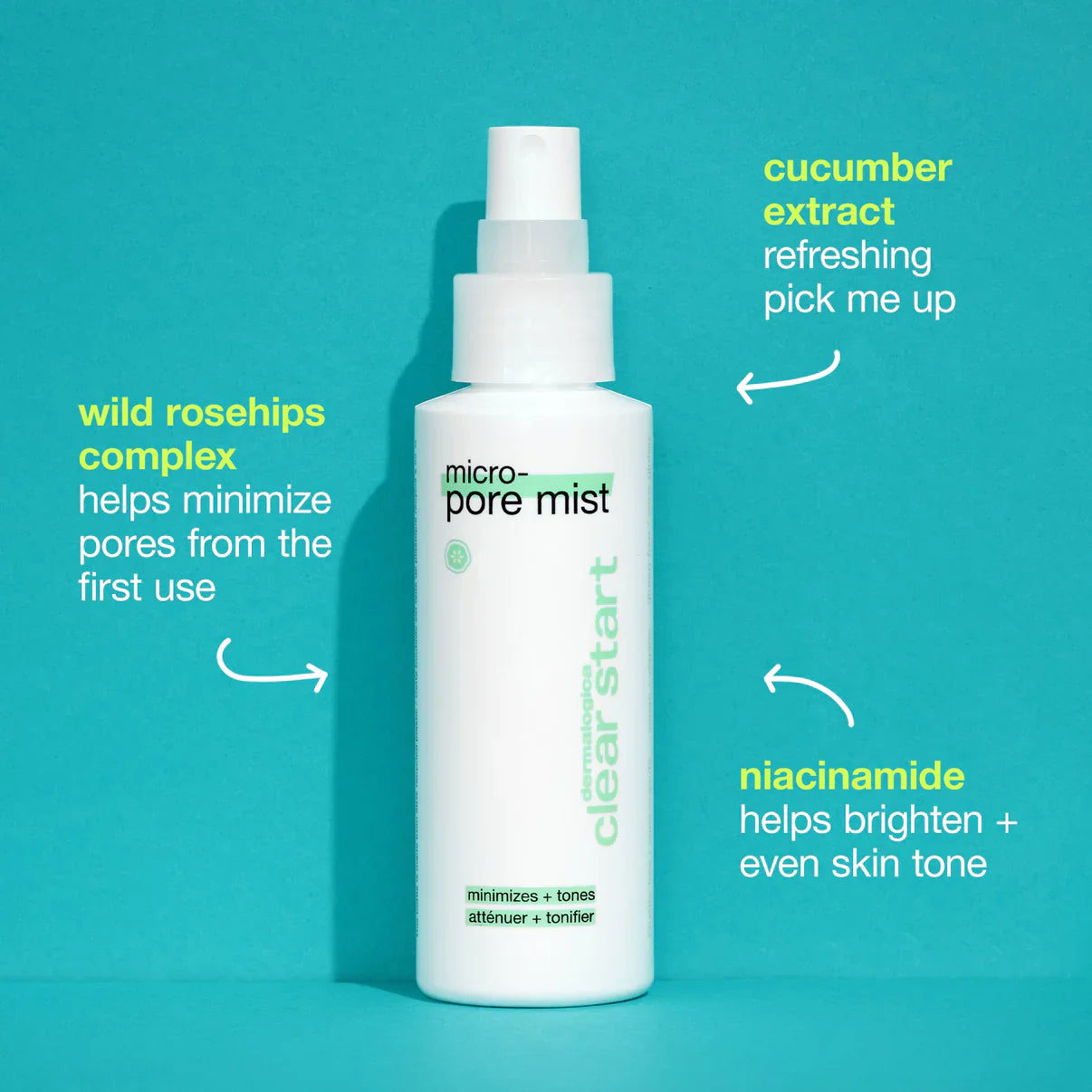 Dermalogica Clear Start Micro-Pore Mist utilizes wild rosehips complex, cucumber extract, and niacinamide