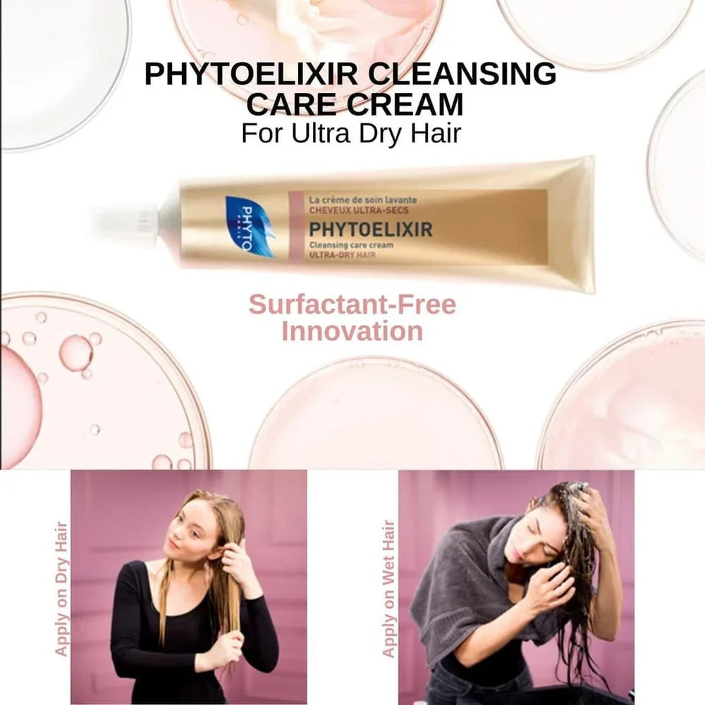 Phyto Elixir Ultra Dry Hair cleanser is surfactant- free. Apply on dry hair, apply on wet hair.