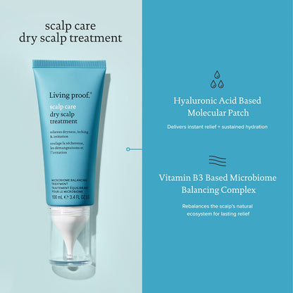 Living Proof Scalp Care Dry Scalp Treatment uses hyaluronic acid based molecular patch and vitamin B3 based microbiome balancing complex